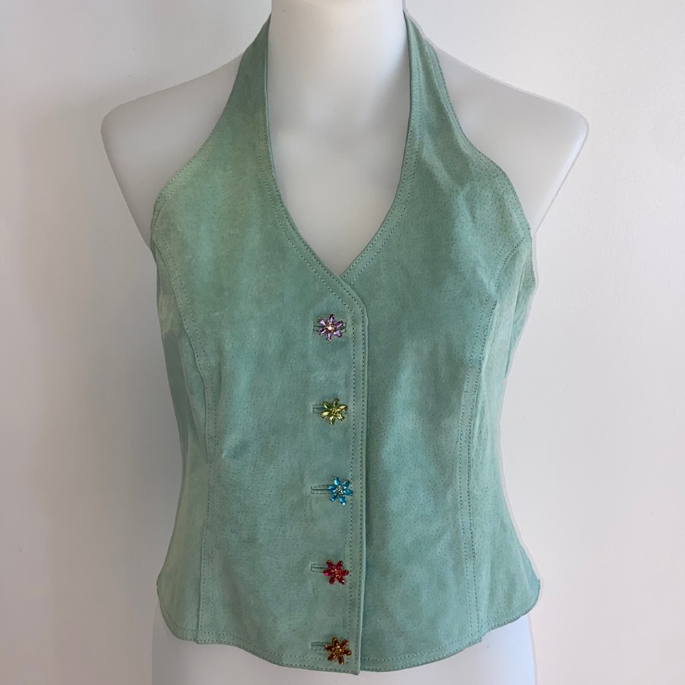 WILSONS LEATHER Floral Jewelled Aqua Suede Bustier